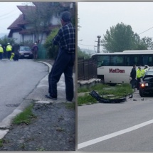 FOTO – ACCIDENT la GOVORA. Un autobuz MatDan şi un VW Passat au intrat în coliziune